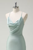 Sage Mermaid Spaghetti Straps Ruched Long Bridesmaid Dress with Lace Up Back