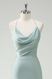 Sage Mermaid Spaghetti Straps Ruched Long Bridesmaid Dress with Lace Up Back