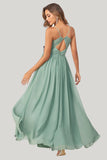 Chiffon A Line Spaghetti Straps Eucalyptus Maxi Dress with Slit