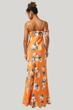 Trendy Mermaid One Shoulder Printed Orange Flower Maxi Dress