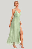 A-Line Tulle Light Green Spaghetti Straps Maxi Dress with Slit