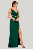 Dark Green A Line Spaghetti Straps Maxi Dress with Slit