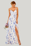 Blue Floral Print A Line Spaghetti Straps Floor Length Dress with Slit