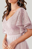 Pink A line Ruffled Chiffon Lace Maxi Dress