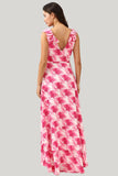 A Line V Neck Pink Flower Printed Asymmetrical Dress with Ruffles