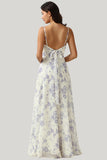 A Line Spaghetti Straps Purple Flower Printed Floor Length Dress