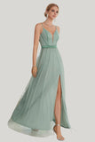 Grey Green A Line Spaghetti Straps Tea Length Dress with Slit