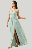 A Line Spaghetti Straps Dusty Sage Slit Maxi Dress with Ruffles