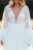 Ivory A Line V Neck Lace Tulle Wedding Dress with Long Sleeves