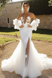 Ivory Mermaid Lace Tulle Half Sleeves Wedding Dress with Slit