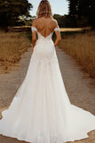 Off the Shoulder Appliqued Ivory A Line Wedding Dress