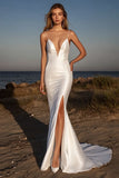 Elegant Ivory Spaghetti Straps Mermaid Long Wedding Dress with Slit