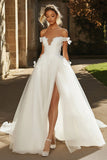 Elegant Ivory Floral Off the Shoulder Tulle A-Line Applique Long Wedding Dress with Slit