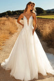 Ivory A Line Tulle Spaghetti Straps Lace Wedding Dress