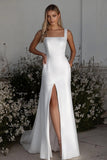 Simple Ivory Column Satin Square Neck Wedding Dress