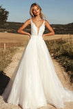 Delicate Ivory V Neck Tulle A Line Lace Applique Wedding Dress