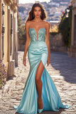 Mermaid Beaded Sweetheart Blue Prom Dress with Slit