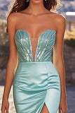 Mermaid Beaded Sweetheart Blue Prom Dress with Slit