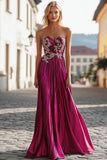 Metallic Fuchsia Pleated Sweetheart Prom Dress with Embroidery Applique