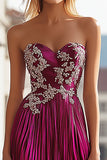 Metallic Fuchsia Pleated Sweetheart Prom Dress with Embroidery Applique