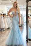 Sky Blue Tulle Mermaid Prom Dress with Lace Appliques