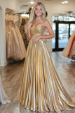 Pleated A Line Metallic Satin Gold Prom Dress