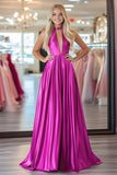 Fuchsia Halter Pleated A Line Metallic Prom Dress