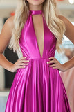 Fuchsia Halter Pleated A Line Metallic Prom Dress