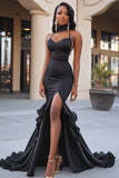 Ruffled Fit and Flare Slit Satin Black Prom Dress with Scarf