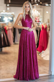 Sparkly Halter A Line Pleated Metallic Satin Fuchsia Prom Dress