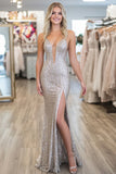 Sparkly Silver Sheath Sweetheart Maxi Prom Dress with Slit