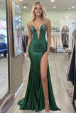 Dark Green Sequined Mermaid Prom Dress with Slit