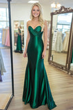 Satin Sheath Ruched Sweetheart Dark Green Prom Dress