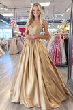 Gold A Line Pleated Sweetheart Satin Prom Dress