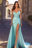 Ruched Satin Blue Sweetheart Sheath Prom Dress with Slit