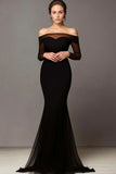 Black Mesh Mermaid Off the Shoulder Formal Dress with Long Sleeves