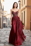 Burgundy Sweetheart Sheath Pleated Metallic Satin Prom Dress