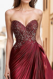 Burgundy Sweetheart Sheath Pleated Metallic Satin Prom Dress