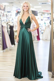 Ruched V Neck Dark Green Satin A Line Prom Dress with Lace-up Back