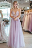 Light Purple A Line Lace Applique Tulle Maxi Prom Dress