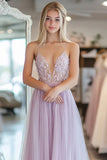 Light Purple A Line Lace Applique Tulle Maxi Prom Dress