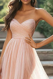 Blush Tulle A Line Pleated Sweetheart Prom Dress with Slit