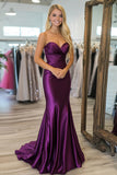 Plum Ruched Satin Sheath Sweetheart Prom Dress