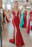 Beaded Mermaid V Neck Red Prom Dress with Slit