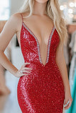 Beaded Mermaid V Neck Red Prom Dress with Slit