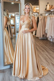 Sweetheart Ruched A Line Gold Satin Prom Dress