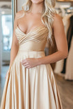 Sweetheart Ruched A Line Gold Satin Prom Dress