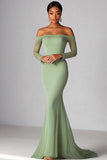 Sage Mermaid Mesh Off the Shoulder Formal Dress with Long Sleeves