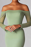 Sage Mermaid Mesh Off the Shoulder Formal Dress with Long Sleeves