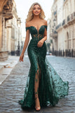 Sequined Off the Shoulder Mermaid Dark Green Prom Dress